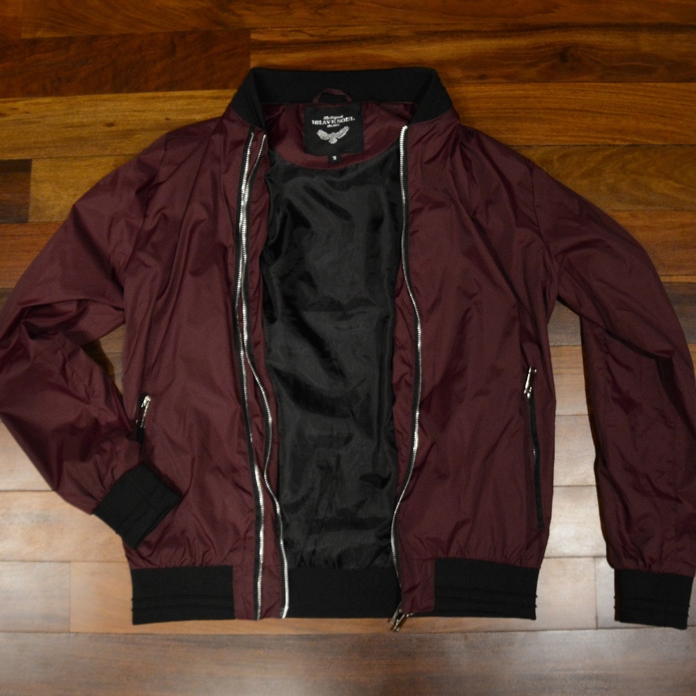 Burgundy Nylon Bomber Jacket